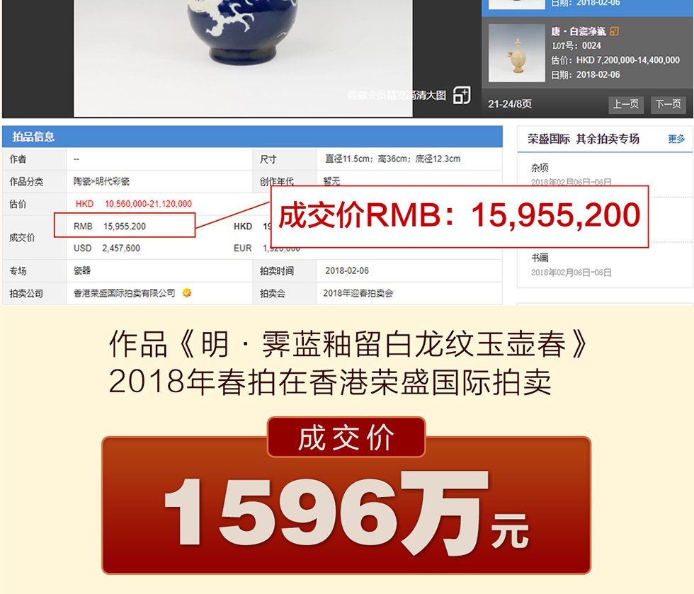 阳士琦《龙腾盛世》霁蓝釉白龙纹梅瓶