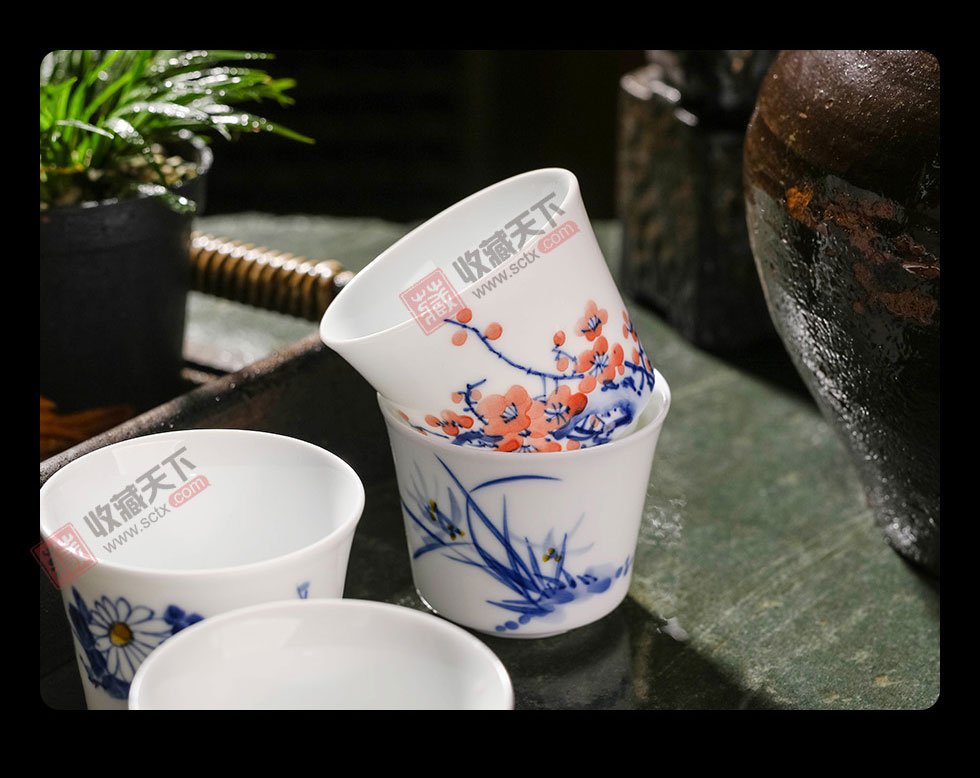 景德镇青花梅兰竹菊单杯《菊》