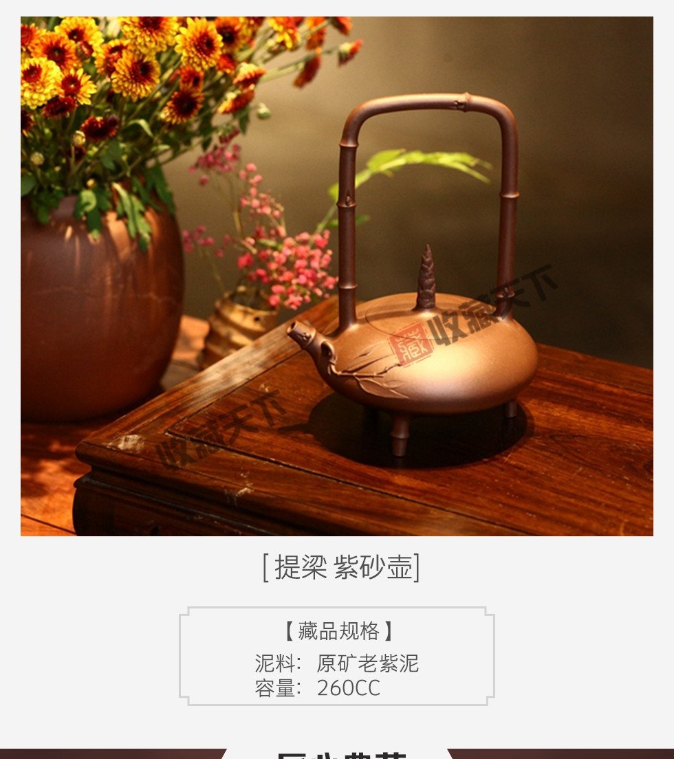 顾丽萍《竹影提梁》高级工艺美术师手工原矿老紫泥宜兴紫砂壶260cc