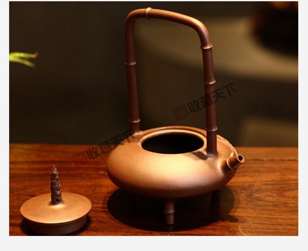 顾丽萍《竹影提梁》高级工艺美术师手工原矿老紫泥宜兴紫砂壶260cc