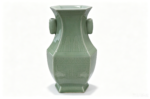 Green bean glaze printed lotus pattern hexagonal bottle with ears