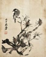 张大千款松枝栖禽图